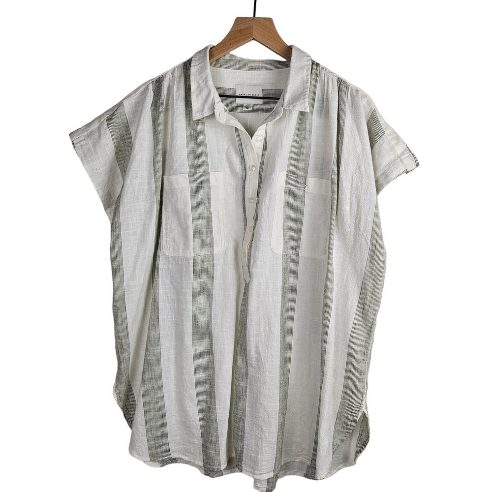 NEW American Eagle Stripe Popover Blouse L Ivory Green Cotton NWT